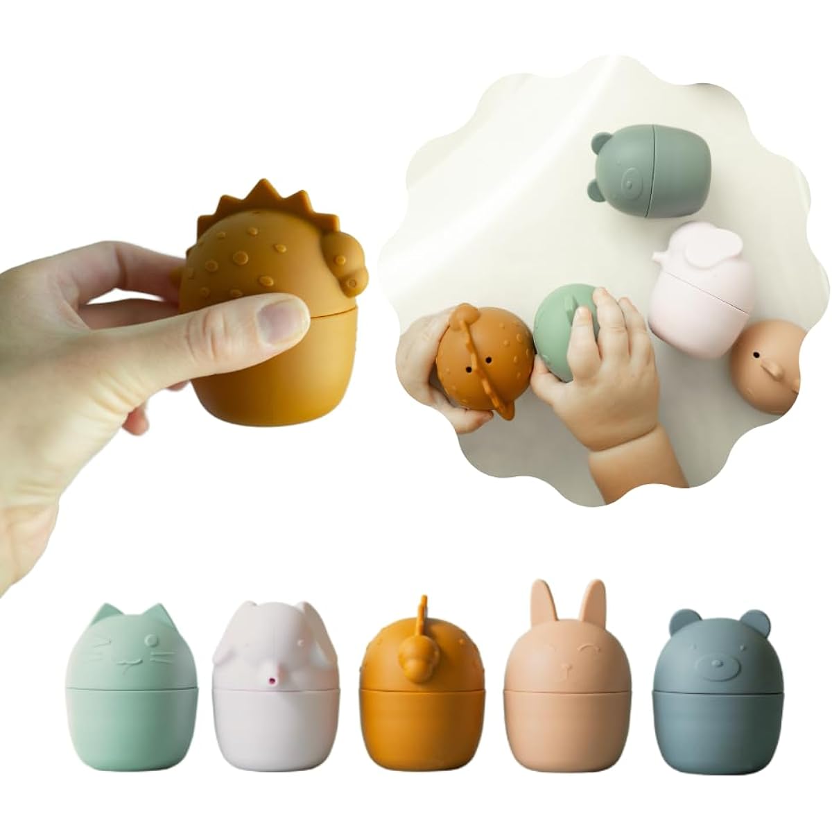 Ivory Cradle Silicone Bath Toy - Set of 5 Collapsible Animals - Dishwasher Safe Food Grade Silicone - Cute Neutral Color Pool Toys