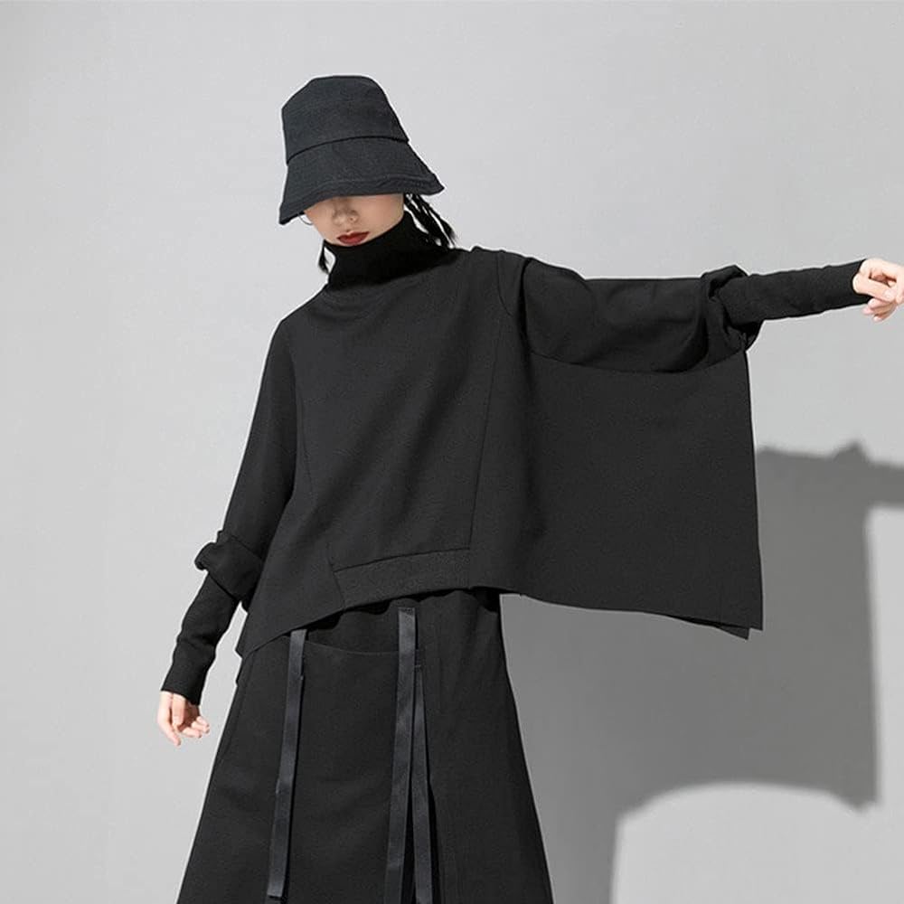 Morino Pullover Dolman Sweatshirt Women's Top Long Sleeve High Neck Beautiful Drape Deformation Mode Unique Adult Casual Black Autumn Winter