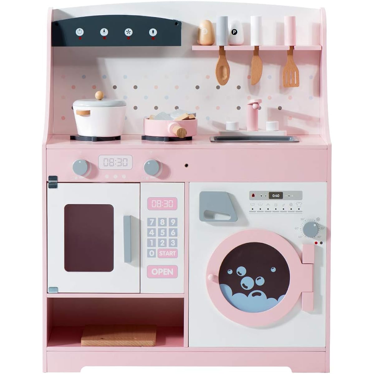 Pretend kitchen, wooden kitchen, with cooking utensils, seasonings, ingredients, educational toy, washing machine, stove mini kitchen, toy kitchen, gift box included (washing machine)