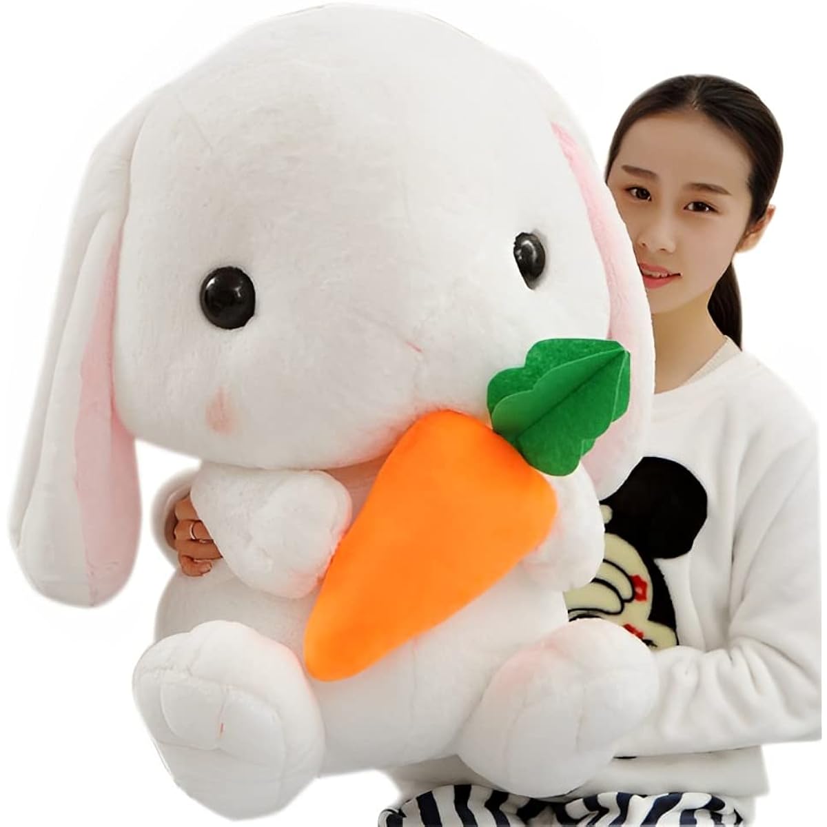 HOUPU Soft Toy - Sitting Lop Eared Bunny Easter White Bunny Stuffed Animal with Carrot Soft Lovely Realistic Long Ears Standing Pink Plush Toy (White-Carrot, 8.6inch/22cm)