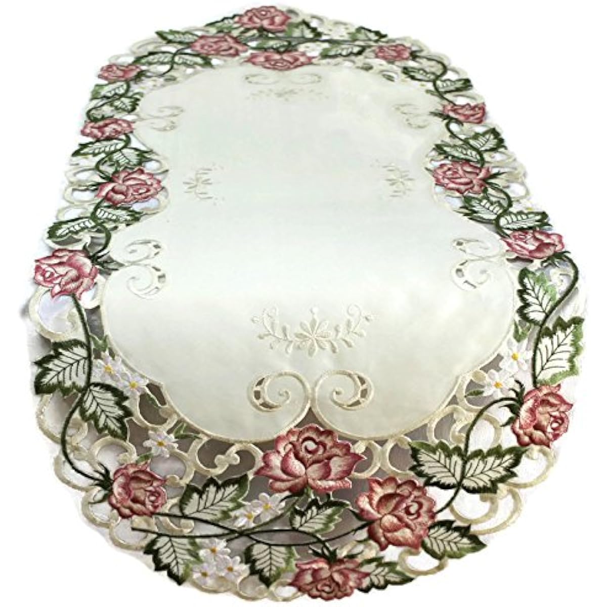 Table Runner Embroidered with Victorian Pink Roses on Ivory Fabric, Size 34 x 15 Inches