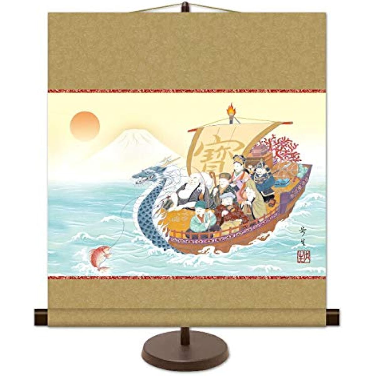 Modern Japanese style hanging scroll, lucky picture [Kitayama Ayumu] Seven Lucky Gods with stand km2d9-012 Mini hanging scroll, contemporary artist's work [Cash on delivery not available]