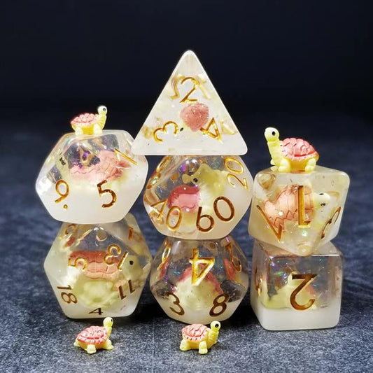 Sage's Portal Dinosaur and Reptile Familiar Resin DND Dice Set Polyhedral Dice Set Dungeons and Dragons RPG Tabletop TTRPG (Pink Baby Turtle)