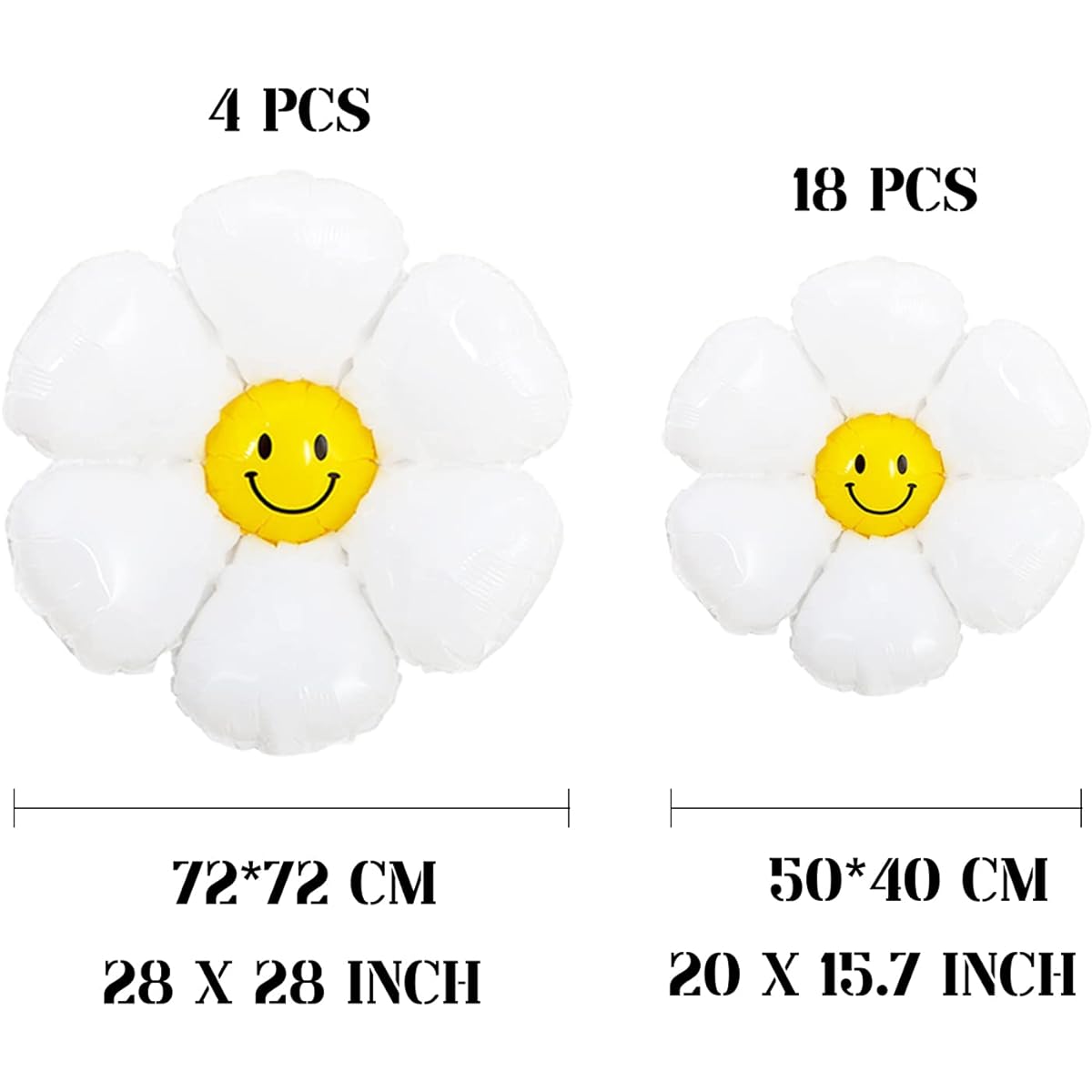 22pcs Daisy Balloons with Smile, Groovy Party Decorations, Boho Girl White Flower Balloons for Birthday Wedding Party Decorations, 60s Hippie Theme Supplies (43.3 x 38inch, 28 x 28inch, 20 x 15.7inch)