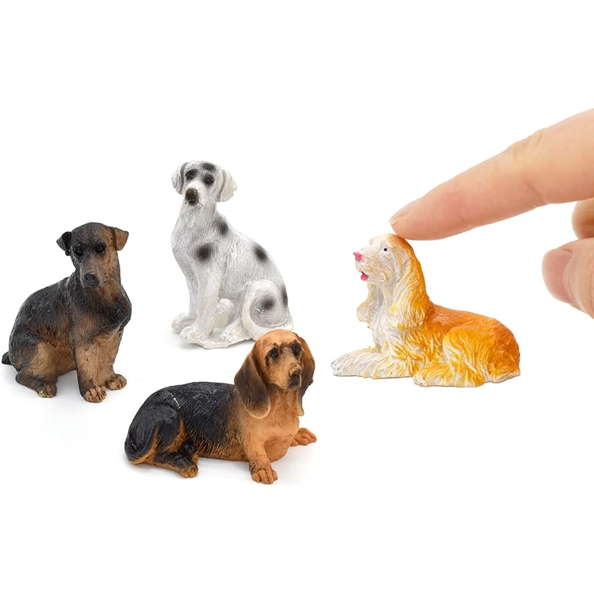 iland Dollhouse Mini Dog Pets 4 Pieces Realistic Miniature Dog Figures Hand Painted Small Dogs Cocker Spaniel Dalmatian Basset Hound German Hunt Terrier 1:12 Scale Dog Cake Topper