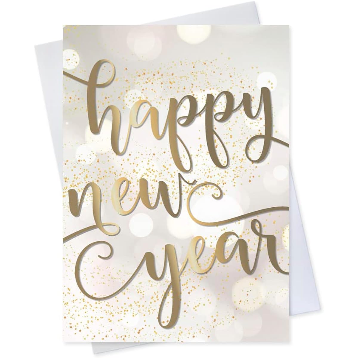 New Year Greeting Cards - N1902 Greeting Cards with Happy New Year Messages on Bubble Golden Background Box set includes 25 greeting cards and 26 white with gold foil lined envelopes.