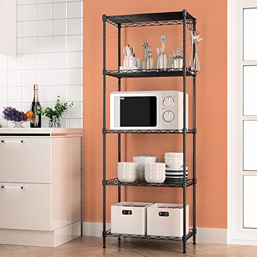 KANTI Steel Rack Storage Shelf Rack Metal Steel Shelf Kitchen Storage Wire Rack 55 x 30 x 160 cm Black Modern