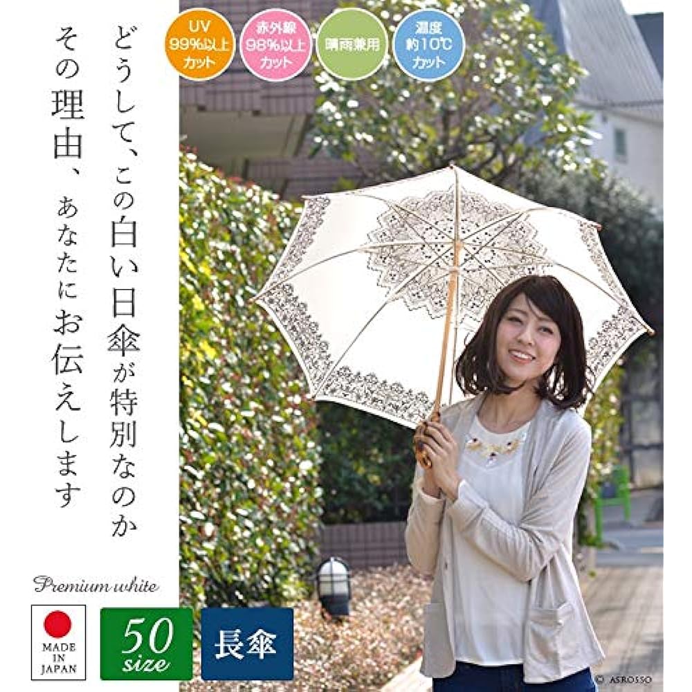 UVION Premium White Parasol UV Protection -10 Degrees Long Umbrella for Both Sunny and Rainy Days Ultra Lightweight Bamboo Hand Lace Pattern