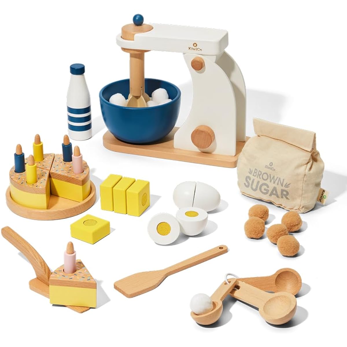 KiwiCo Cake Stand Mixer: Baking Set for Ages 3+ | Learn Math with Wooden Kitchen Playset | Includes Cake Stand Mixer, Measuring Spoons, Flour and Sugar Play Mat, and Recipe Cards