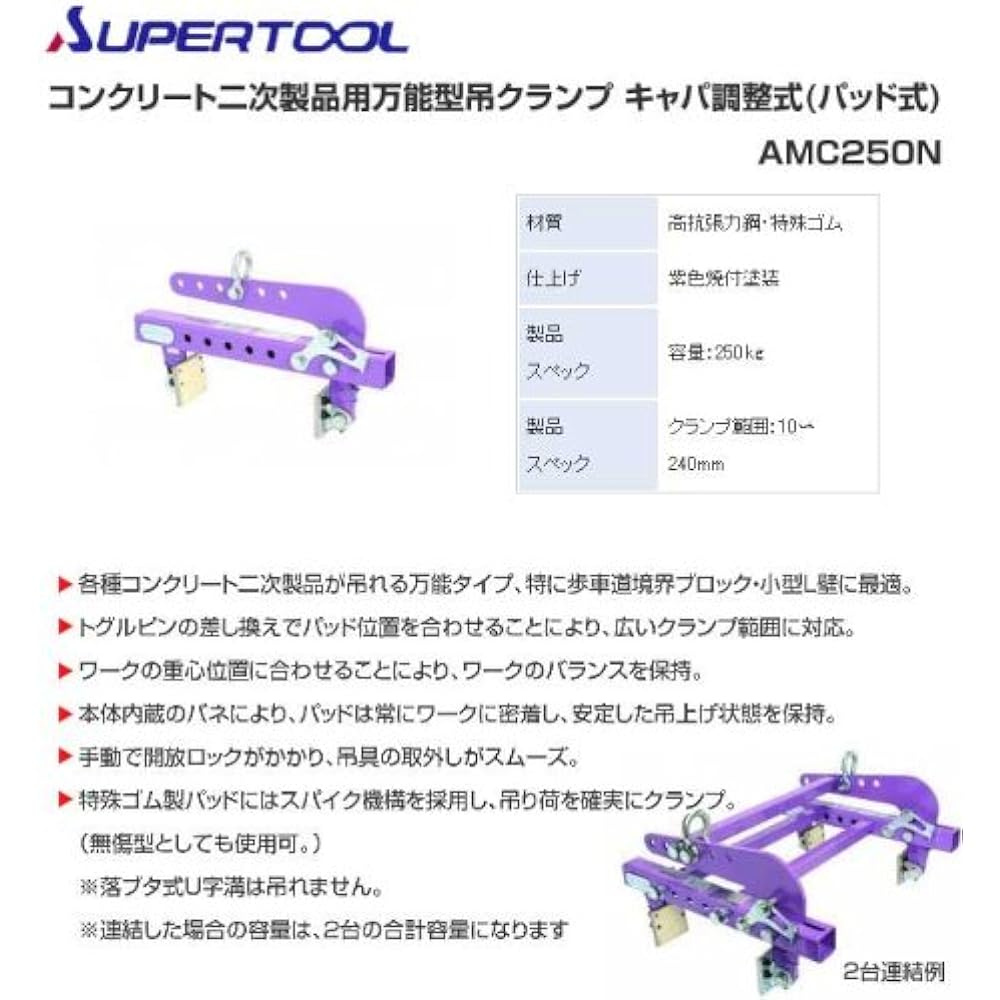 SUPERTOOL Universal hanging clamp for secondary concrete products Capacity adjustable type (pad type) AMC250N