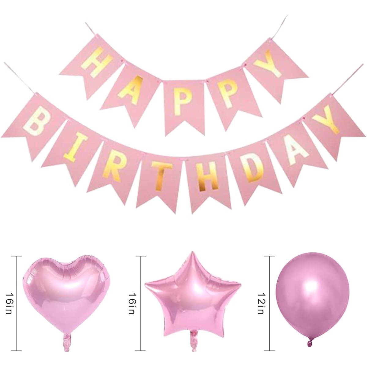CHIVAN Birthday Decorations Happy Birthday Banner with Black and Gold Balloons Banner Set Party Decorations for Boys Girls Men Women Birthday Party(Pink)