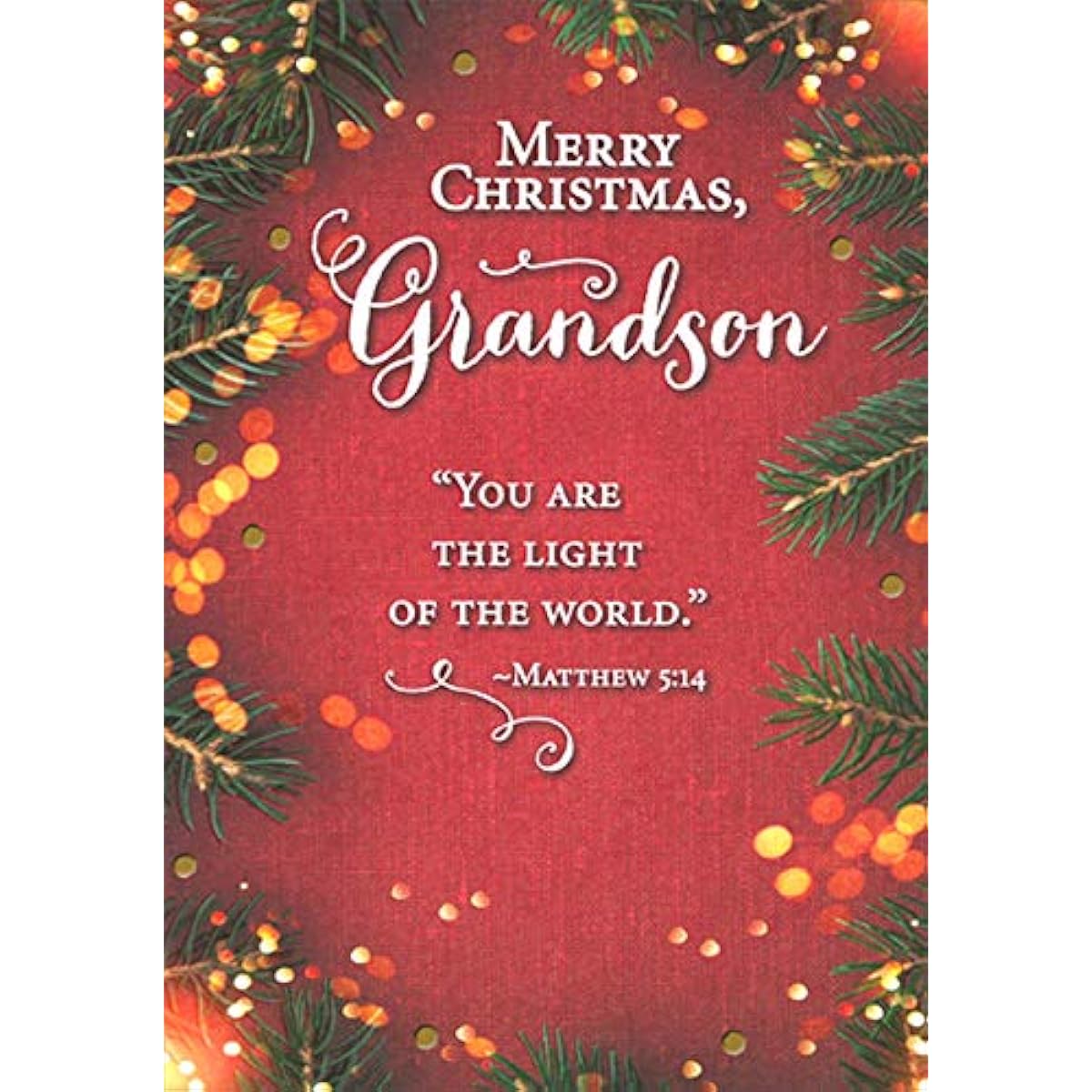 Designer Greetings Dark Red with Pine Needles: Light of the World Religious Christmas Card for Grandchildren