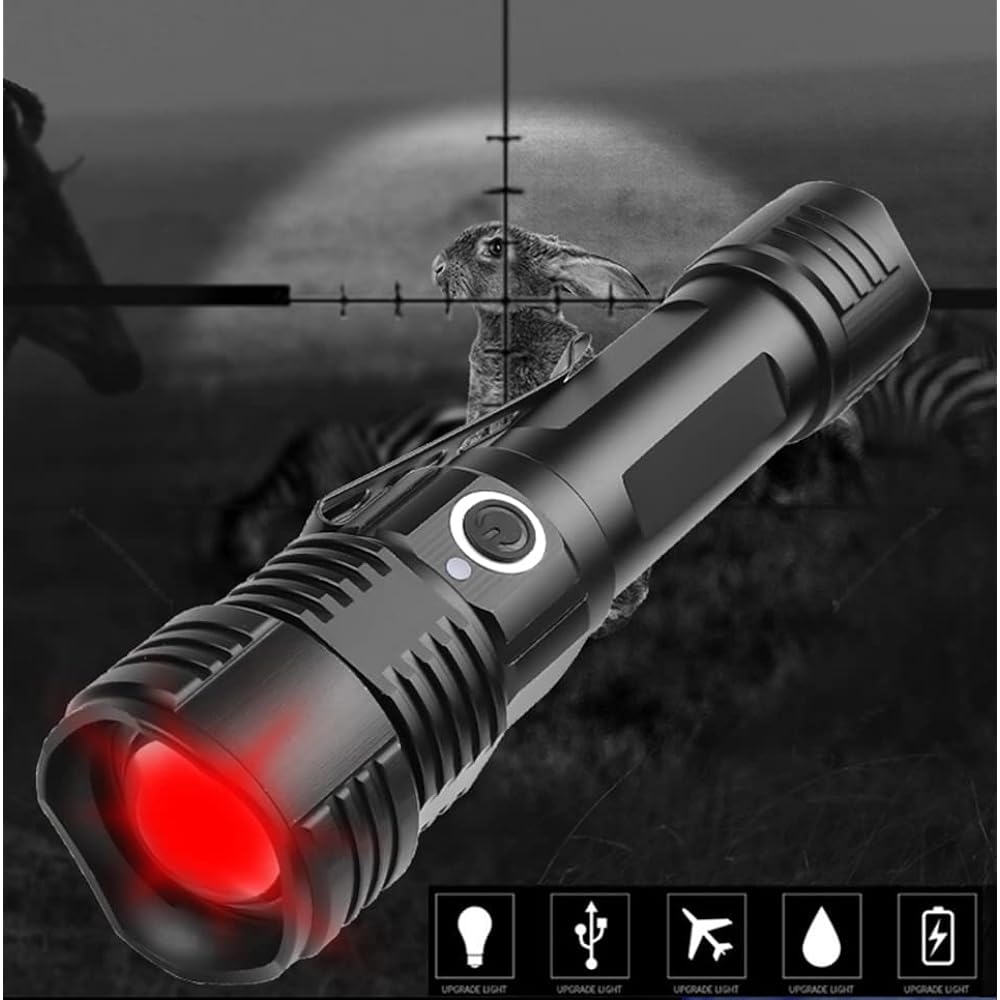 WINDFIRE LED Flashlight High Brightness Green White Red Purple 4 Colors Tactical Flashlight Rechargeable Multicolor Powerful Super Bright 1000 Lumens Zoomable Waterproof Night Astronomy, Photography, Hunting, Fishing, UV Check