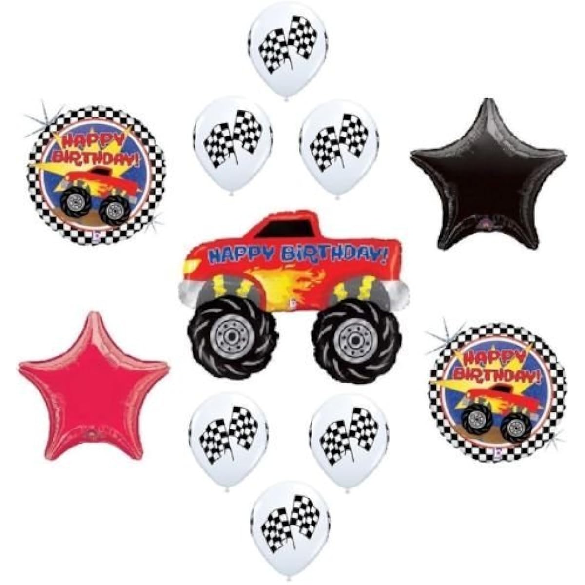 Loonballoon Big Wheels Monster Truck Red Flames (11) Happy Birthday Party Mylar Balloon Set