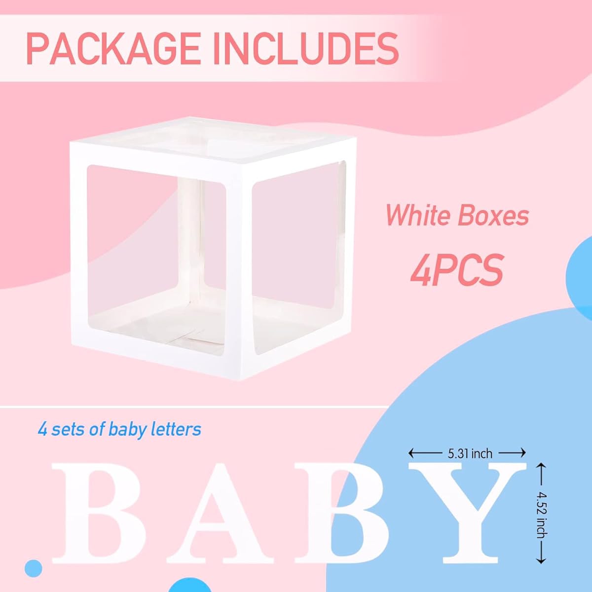 PABUES Baby Boxes 4pcs with Letters Baby Shower White Clear Balloon Box Blocks Gender Reveal Decorations Birthday Party