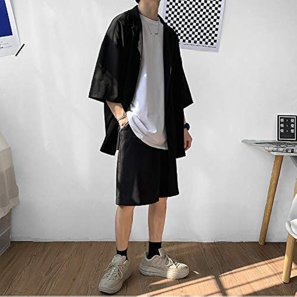 [ANGELCITY] Setup Men's Sweat Jersey Summer Short Sleeve Open Front Top Shot Pants Top and Bottom Set Pearl Look Room Wear Loungewear Training Sports Wear Running Wear Large Size L50