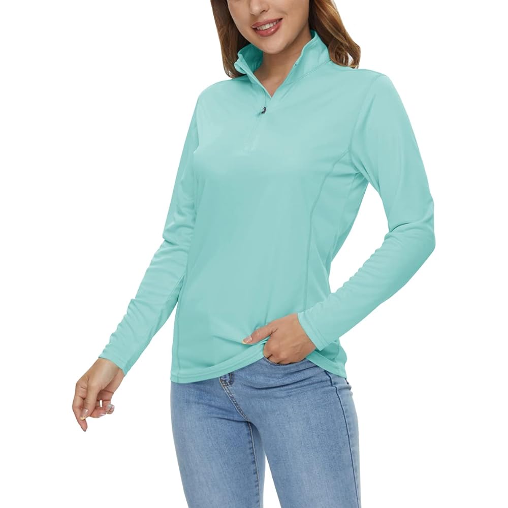 [KEFITEVD] Long Sleeve T-Shirt Women's Sports Half Zip UV Protection Sweat Absorbent Quick Drying Pullover UPF50+ Rash Guard Thin Plain Golf Wear Tops