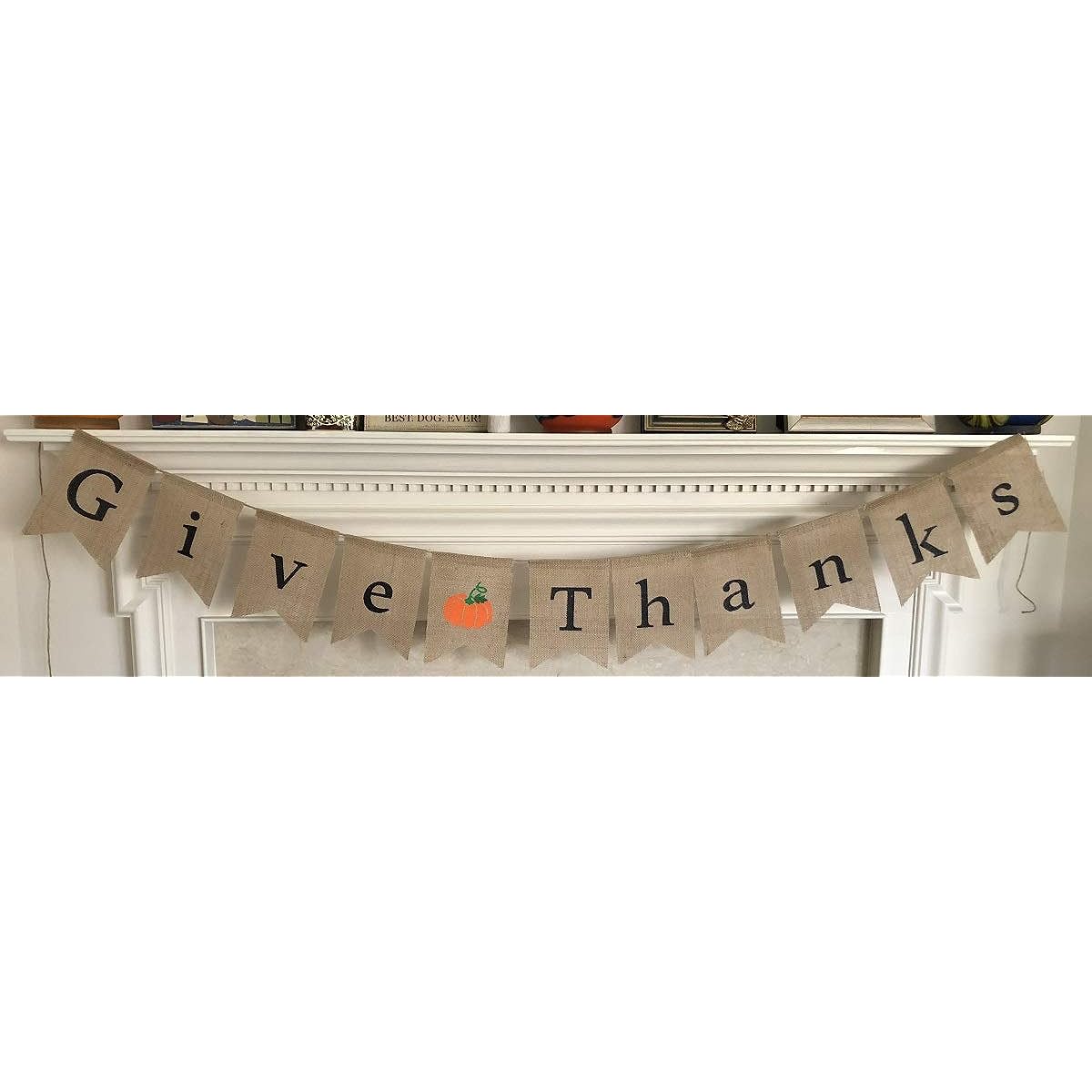 Give Thanks Burlap Banner - Thanksgiving Holiday Home Decor - Ready to Hang Garland - Assembled with Jolly Jon Orange Pumpkin Decor
