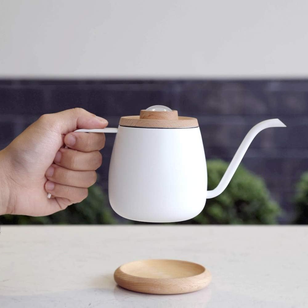 SimpleReal TAMAGO narrow mouth mini coffee drip kettle. Comes with a thermometer, lightweight, and compatible with electromagnetic cookers. Compatible with tea. White 350mL