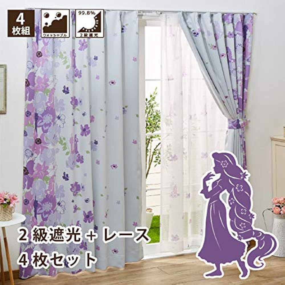 Disney Rapunzel Disney Grade 2 Blackout Heat Insulating Curtain Lace Set of 4 Width 100 x 200cm Length Disney Princess Rapunzel on the Tower Washable Character SB-432/SB-433