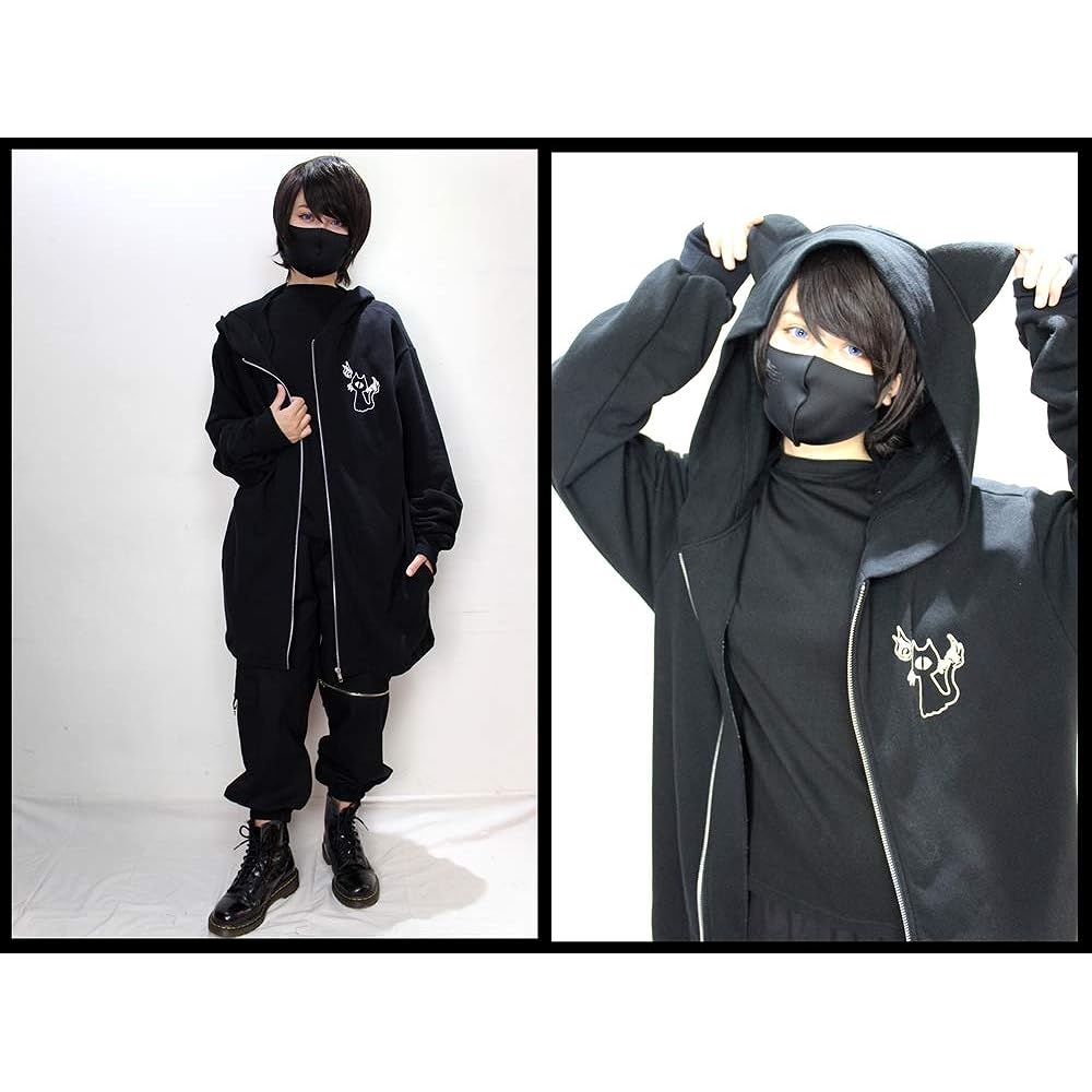 [ROSEATE] With cat ears and tail† One-eyed cat zip hoodie, thin, long length, made in Japan, men's, women's, Japanese pattern, monster