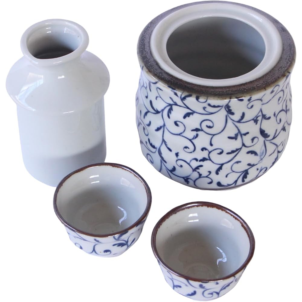 Ale-net Sake Ware, Cold Sake Ware, Tokkuri, Hot Sake, 300ml, Tsuru Arabesque, Sake Warmer, Sake Ware with Heater (Large), Includes 2 Cups, Pottery, Mino Ware