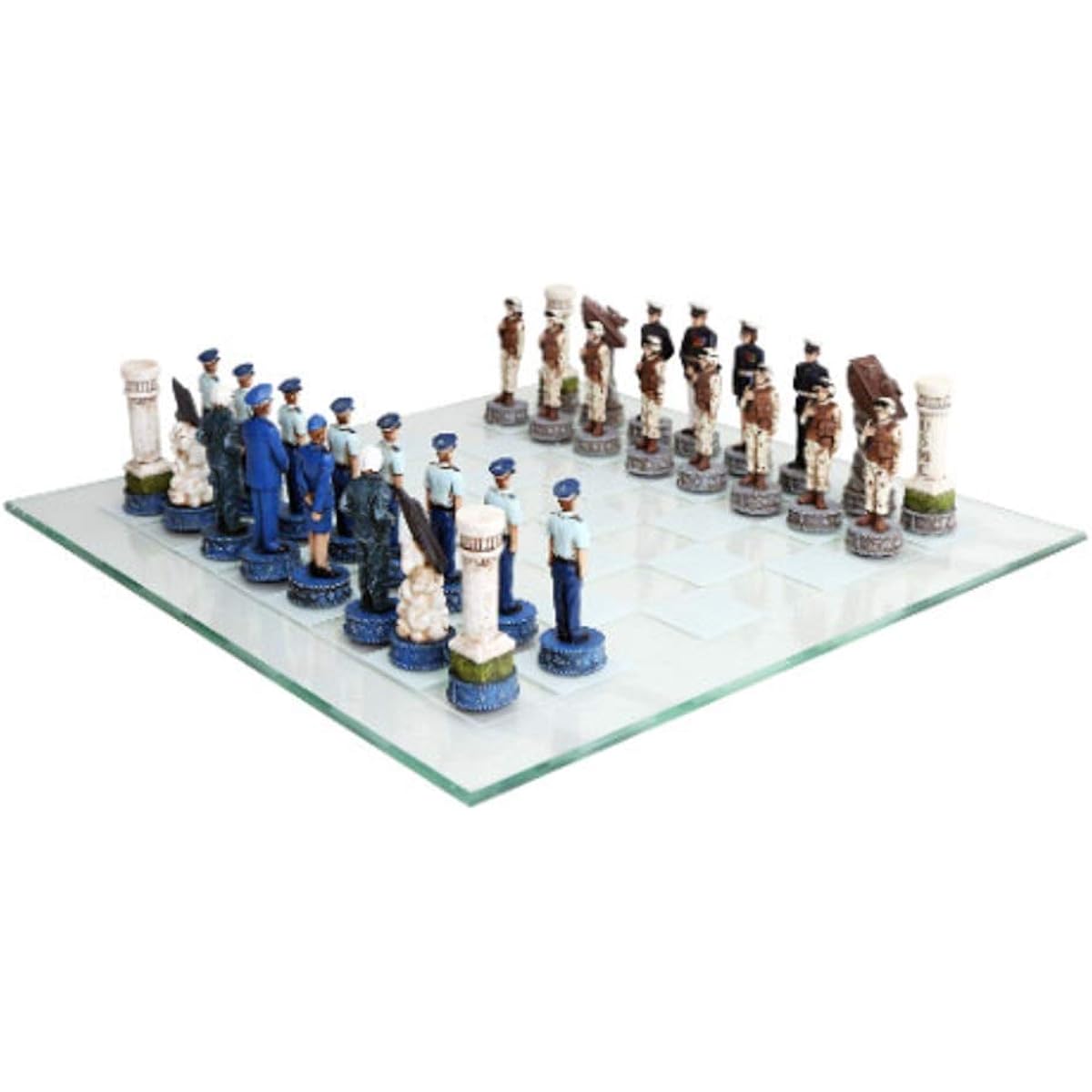 US Air Force vs Marine Corps Military Chess Set with Hand Painted Pieces and Glass Board