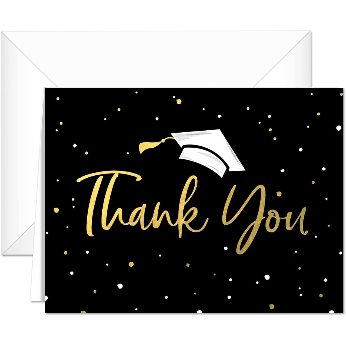Faux Gold Confetti Graduation Thank You Cards / 100 Bulk Note Cards with White Envelopes / 4 1/4" x 5 1/2" High School College Graduation Greeting Cards / Made in the USA