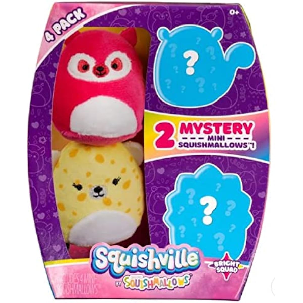 Squishmallow Bright Squad Mini Squad 4 Pack Mini Squishmallow Toy Figures 2 Mystery + 2 Visible Super Soft Plush, 2 Inch, Uni
