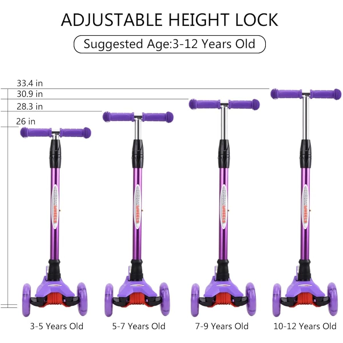 ChromeWheels Kids Scooter, Deluxe Kick Scooter, 4 Adjustable Height, 132 lb. Weight Limit, 3 Wheels, Tilt and Steer LED Light Up Wheels, Great Gift for Girls and Boys Ages 3-12, Purple