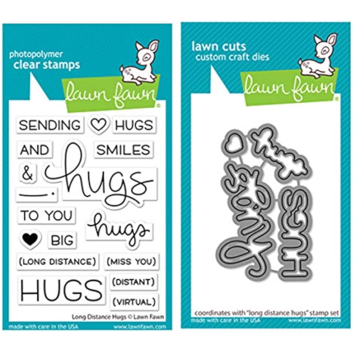 Lawn Fawn Long Distance Hugs 3x4 Clear Stamp Set and 2 Coordinating Dies (LF2510, LF2511)