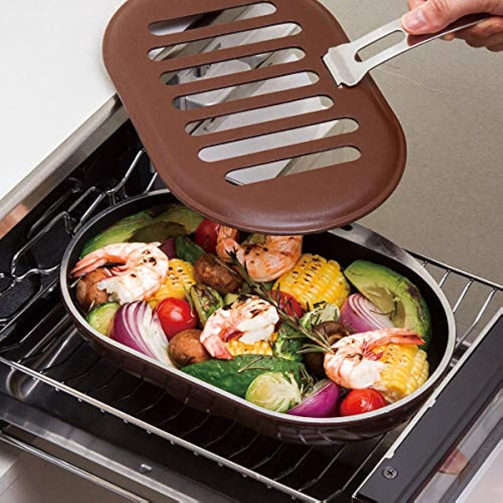 Asahi Light Metal Grill Pan Space Pan Wide (2 to 3 people) Slit Cover Lid [Recipe Included] Fish Grill Frying Pan, Non-Fried, Non-Fried Cooking, IH Compatible, Gas Compatible, Chocolat