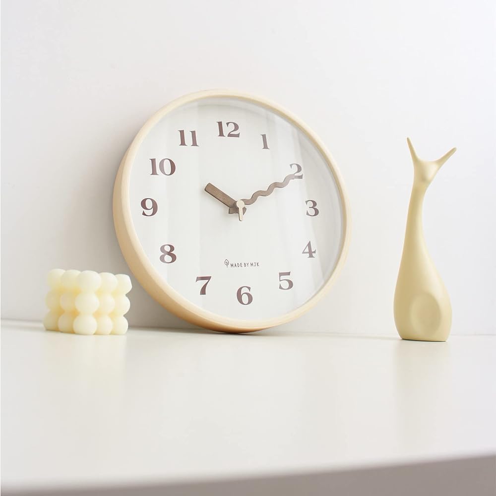 §BOMU-TECH∞BOMU Wall Clock, Natural, Wooden Frame, Scandinavian Design, Stylish, Popular, Quiet, Wall Clock, Round, Continuous Second Hand, Creative Wave Shape, Solid Wood Hand, Capital Letters, Easy to Read, Living Room Interior, Housewarming Gift (12 i