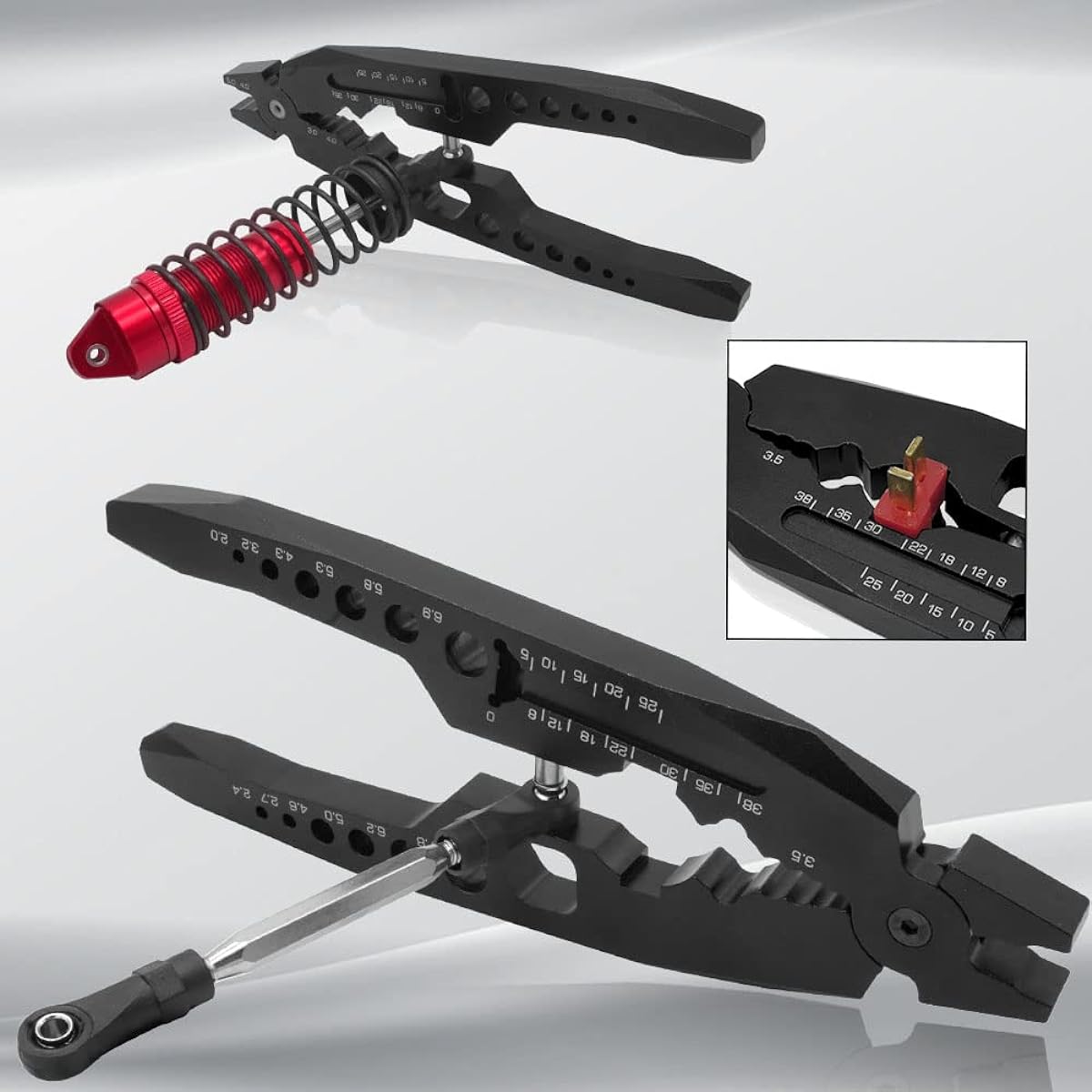 OGUNKE RC Multifunctional RC Shock Pliers Aluminum Alloy RC Shock Tool RC Crawler Shock Clamp RC Screw with Pallet for 1/10 1/8 Traxxas Alma Axial Logi Redcat HSP HPI RC Car Truck and Rock Crawler