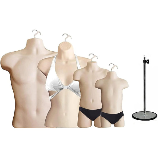 4pcs Skin Tone Mannequin Forms for Family Men Women Kids Toddlers Set with 1 Metal Base Short Waist Torso Hanging Mannequin Set Hollow Back Plastic Body Forms S-M Size