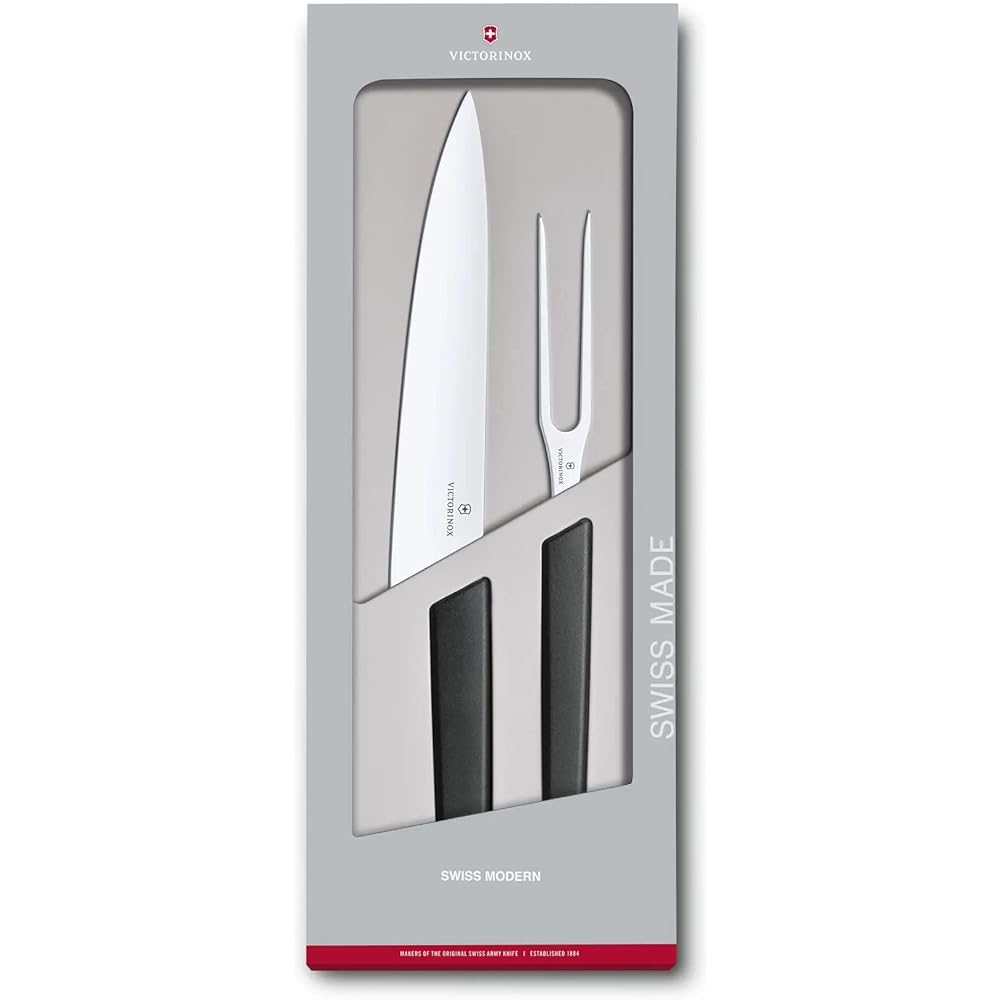 VICTORINOX Carving Set Black Set of 2 Swiss Modern Gyuto Knife Fork Meat 6.9093.21G