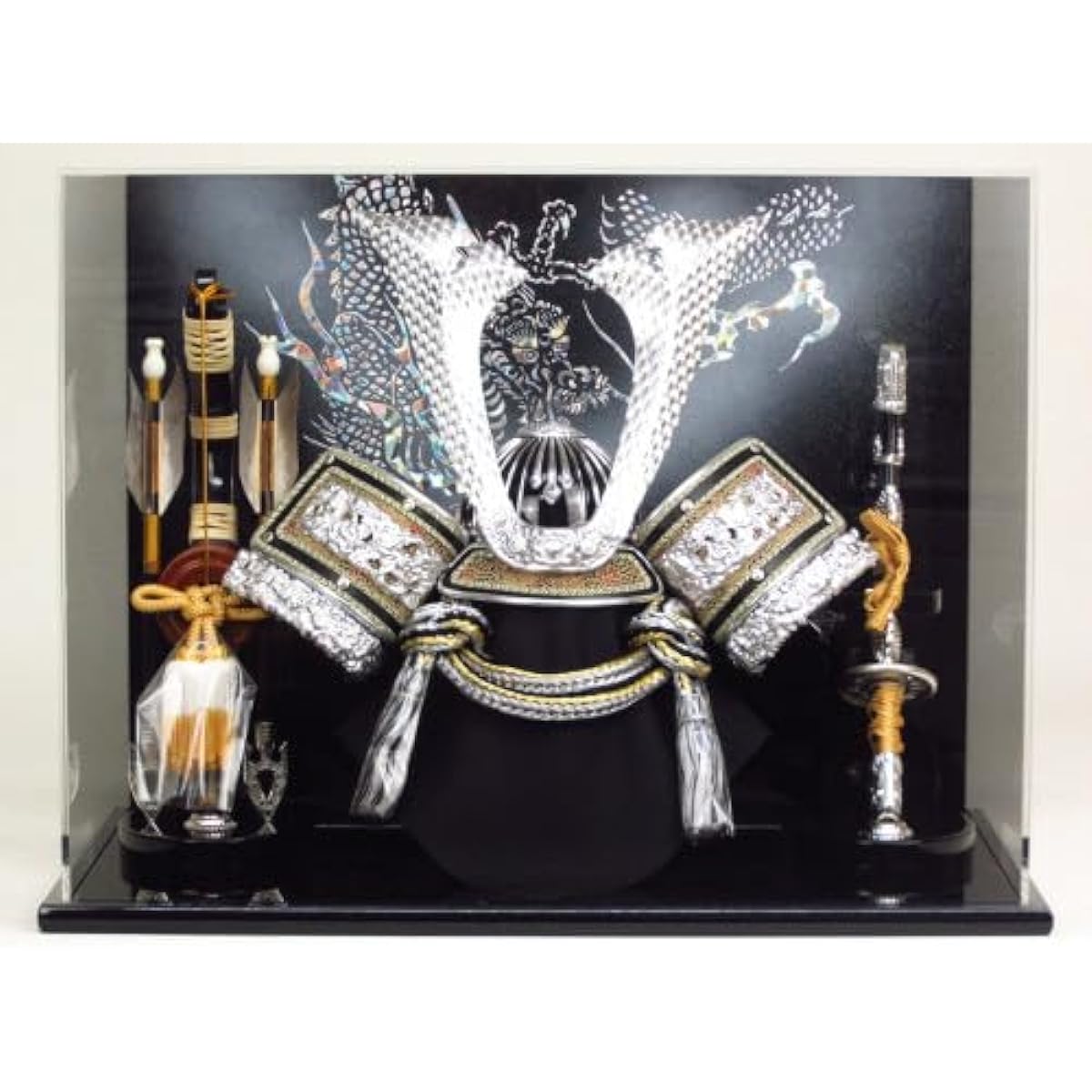 Kyoju May Doll Helmet Decoration in Acrylic Case with Wooden Bow and Sword Width 41 x Depth 27 x Height 31cm No. 10 Medium Kuwakaku Helmet Case Decoration YN41352GKC