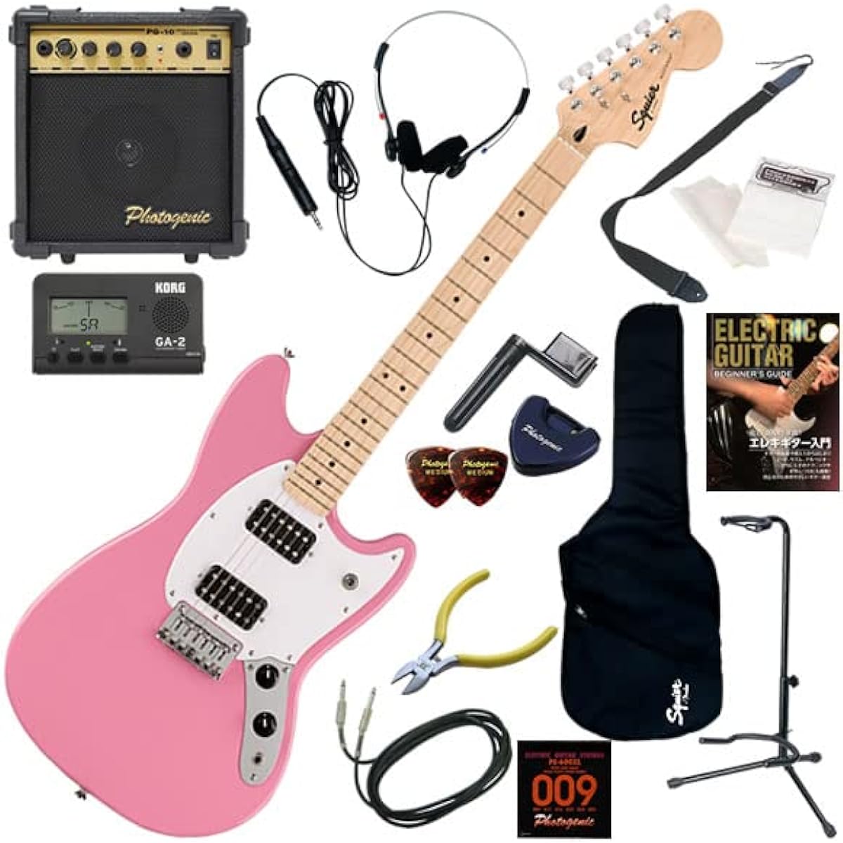 Squier electric guitar beginner's guide short scale standard 15-piece set with 10w amp Sonic Mustang HH/FLP (Flash Pink)