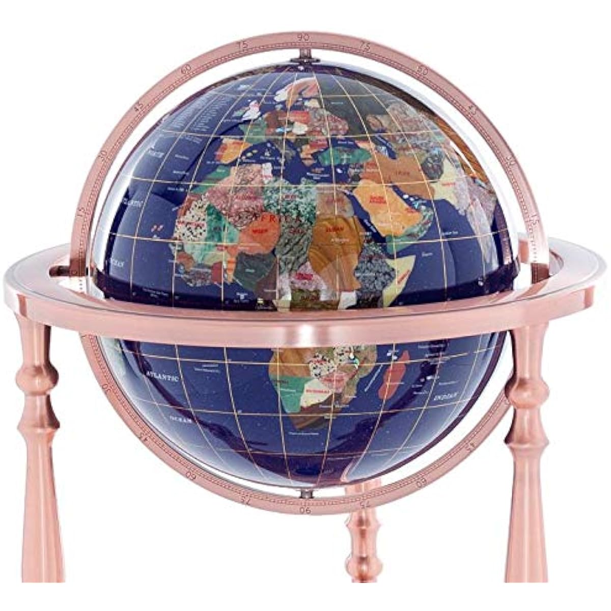 KALIFANO Large Gemstone Globe Vibrant Polished Lapis Ocean and Mosaic Gemstones Continents 37 Inch Ambassador Antique Copper 3 Legs High Stand World Globe with Floor Stand Office Decor