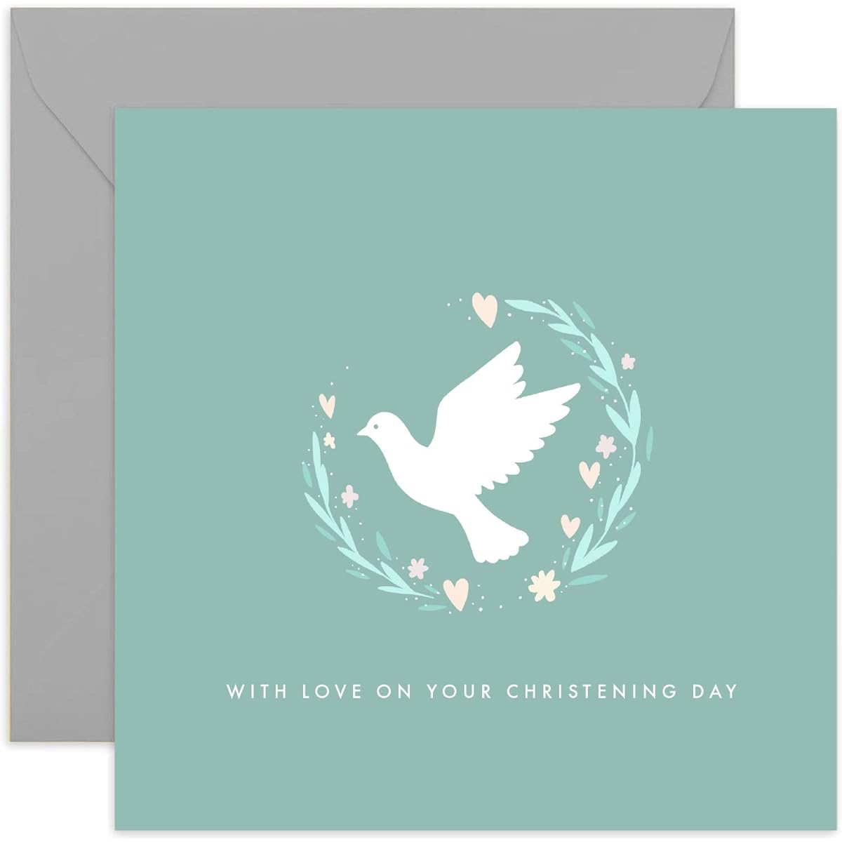 Old English Co. Dove Baptism Greeting Card for Boys/Girls/Adults Simple Floral Heart Dove Design Card "With Love on Your Christening Day" Religious Faith Card Blank Inside