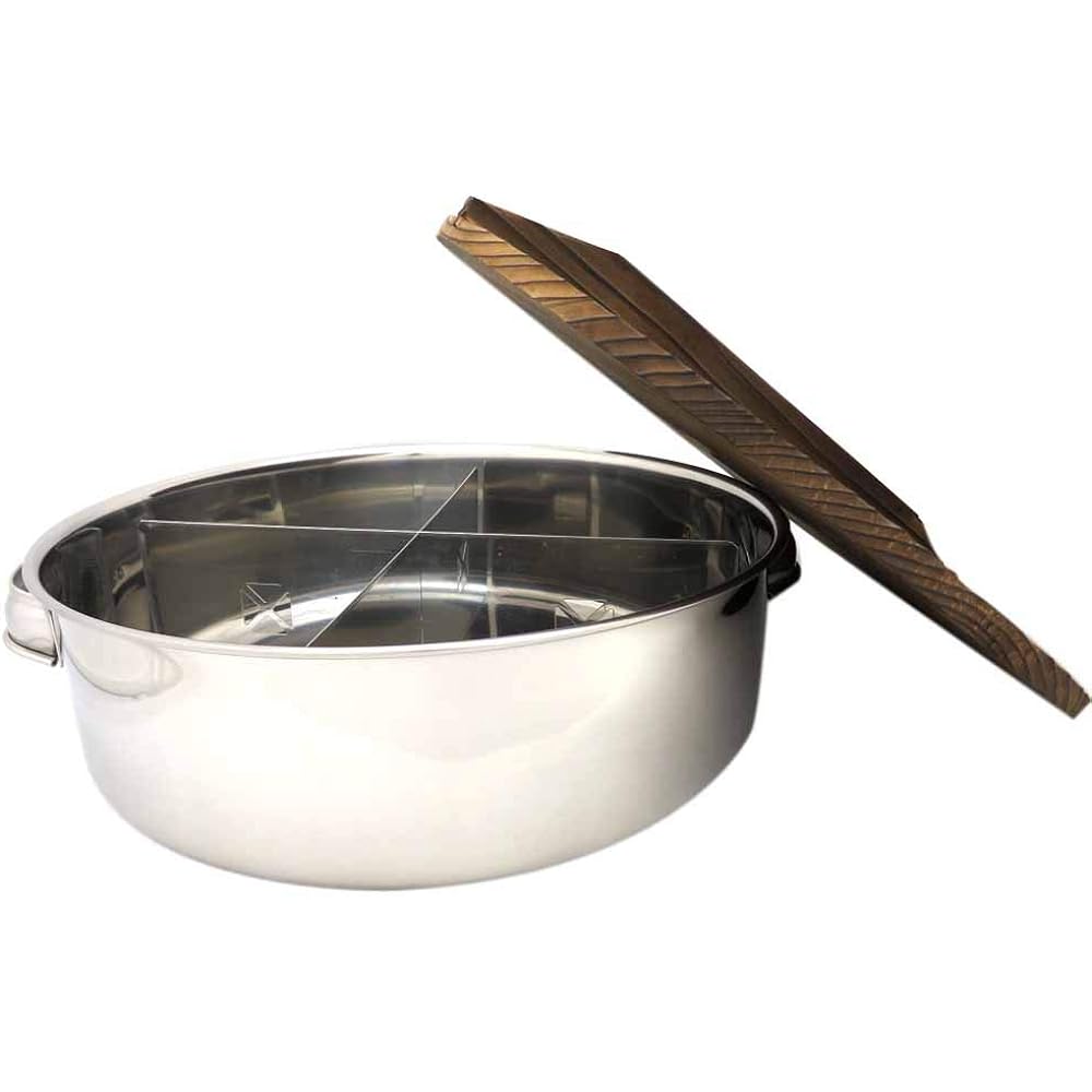 Endo Shoji Polished TKG Oden pot, round shape, with wooden lid, diameter x height (mm) 330 x 100, mass (g) 450, rust resistant and hygienic with stainless steel, convenient with partitions, commercial use EOD01 Silver