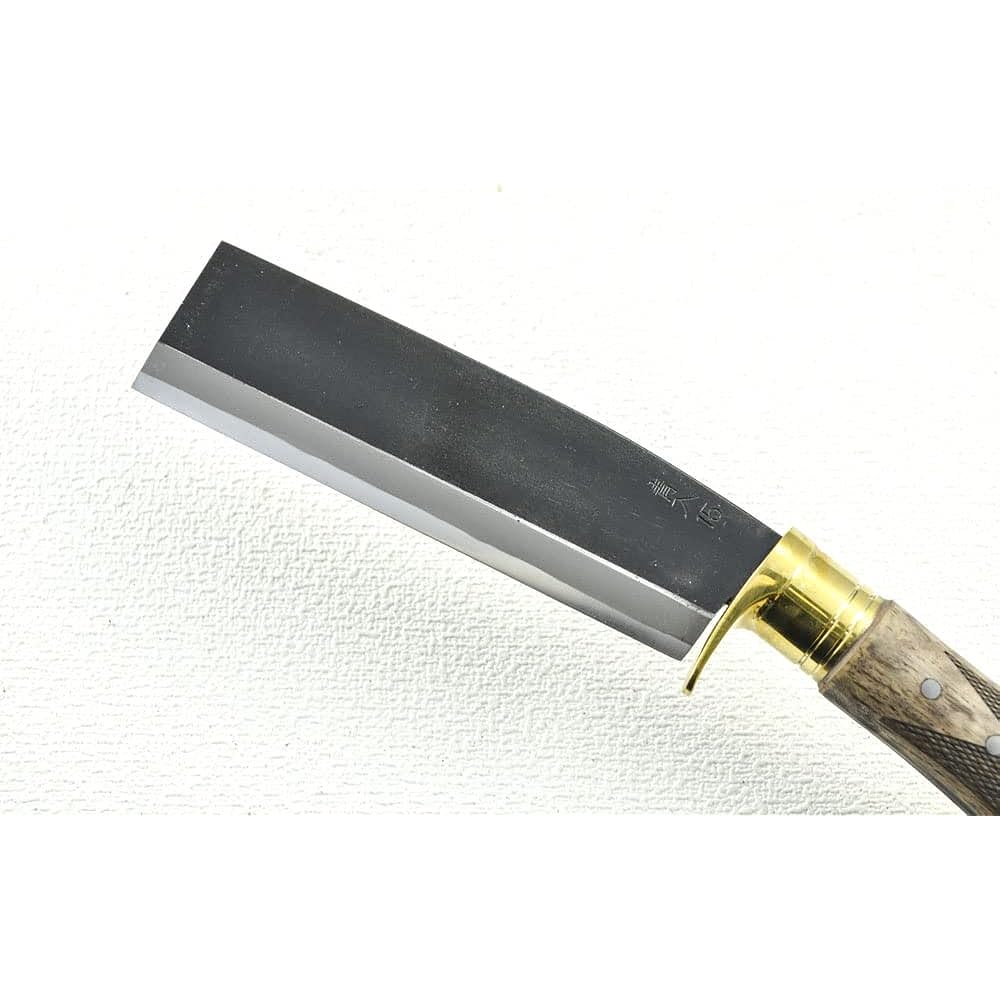 Akinosaku Bent Bonfire Hatchet, Black Double Edge, Handle Angle/Standard Type, 5 Dimensions, Aogami No. 2 Steel, Brass Flange Ring, Wooden Sheath, Oil Stain Leather Band, Oak Oil Stain Checkered Pattern, Magarit-007, Toyokuni Batoning, Made in Japan, For