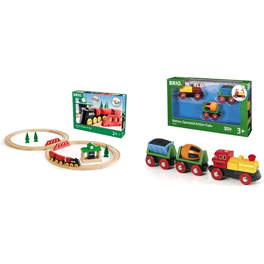 BRIO Classic Rail Figure 8 Set [22 pieces] Ages 2 and up (Train Toy, Wooden Rail) 33028 & () WORLD Battery Powered Action Train [3 pieces] Ages 3 and up (Train Toy, Wooden Rail, Electric Locomotive) 33319 [Set Purchase]