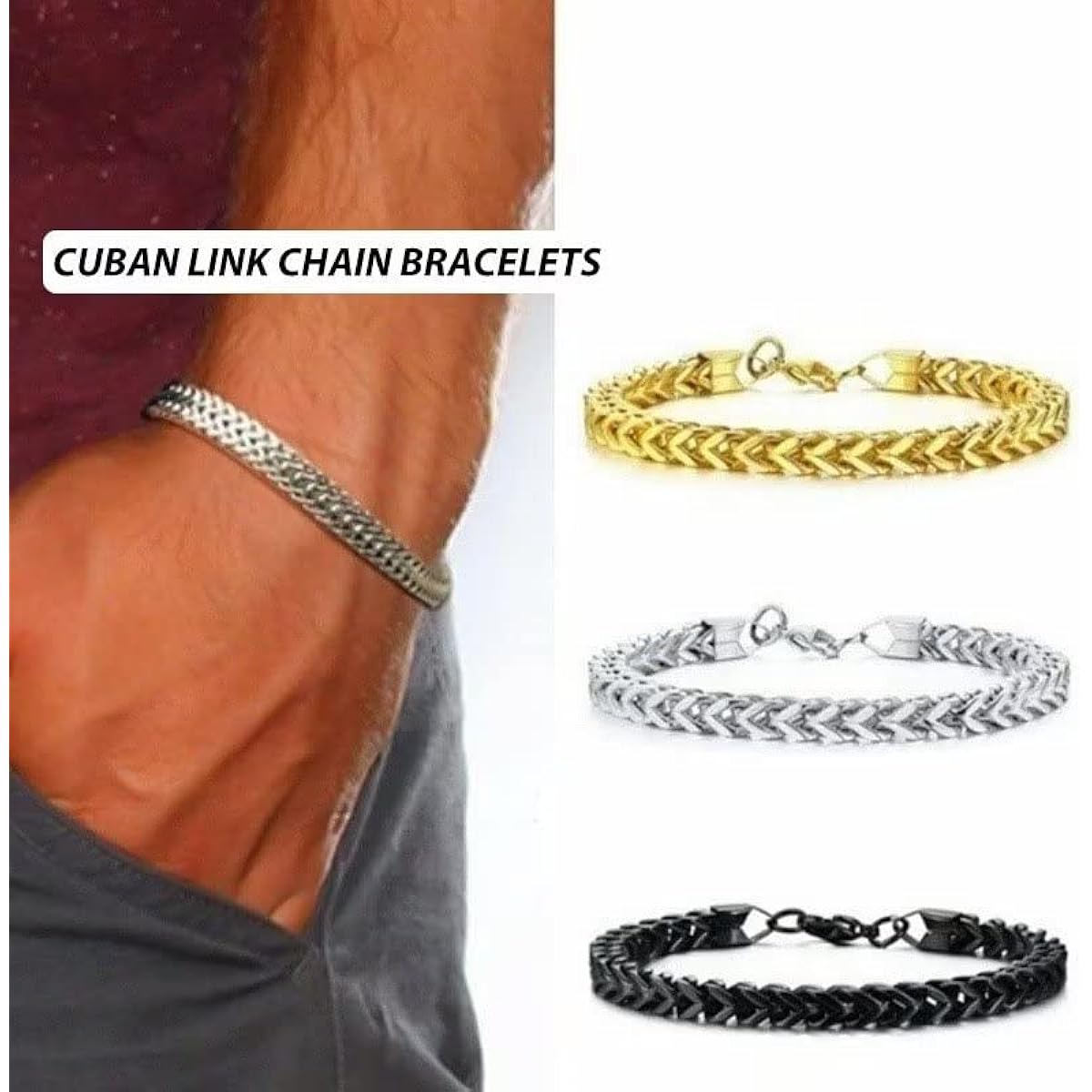 2pcs Gold Bracelet for Men Silver Chain Bracelet Mens Chain Bracelet Miami Link Bracelet Classic Jewelry Gift for Father's Day
