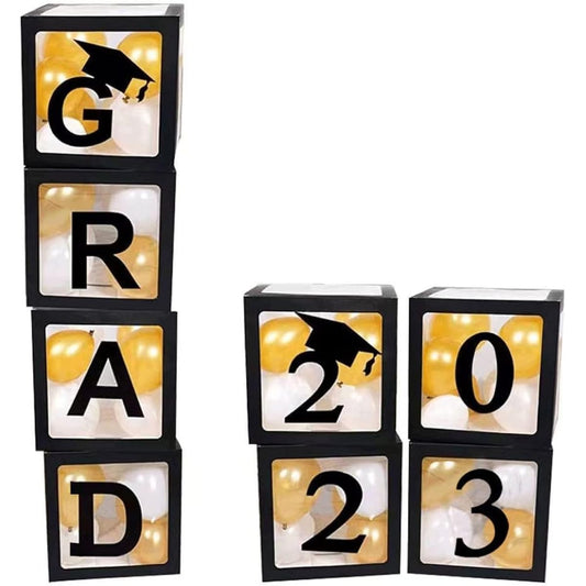 2022 Graduation Decorations Party Supplies, 4 Black Graduation Balloon Boxes with "GRAD" and "2O22" Letters and 20 Balloons, perfect for graduation party decorations.