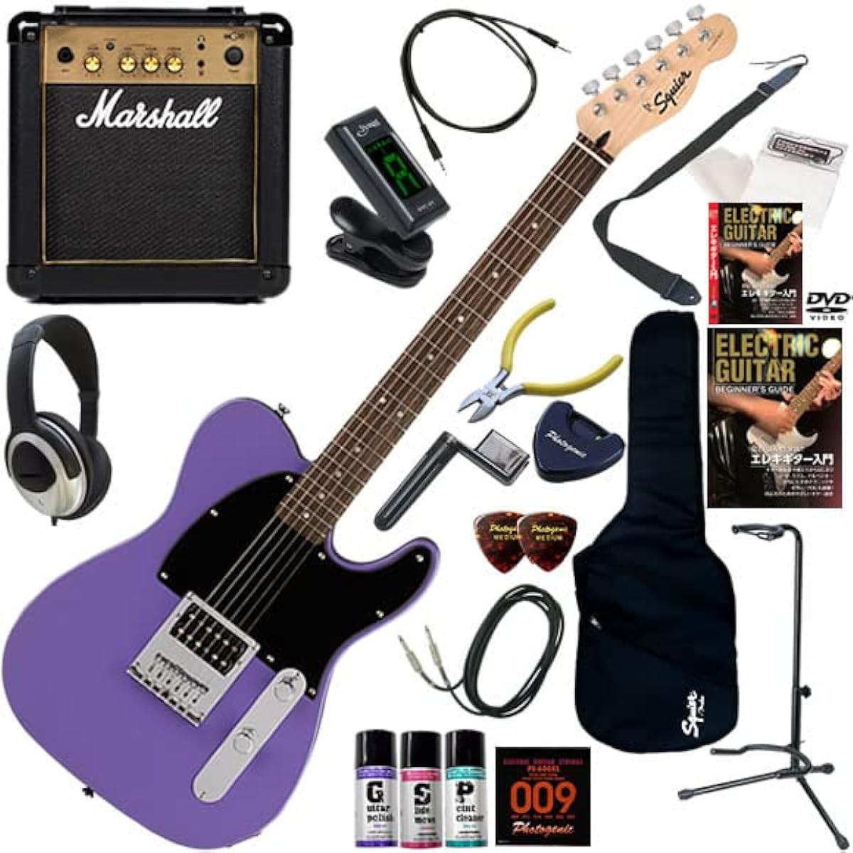 Squier Electric Guitar Beginner's 20-piece set including the simple yet powerful Marshall MG10 Sonic Esquire H/UVT (Ultra Violet)