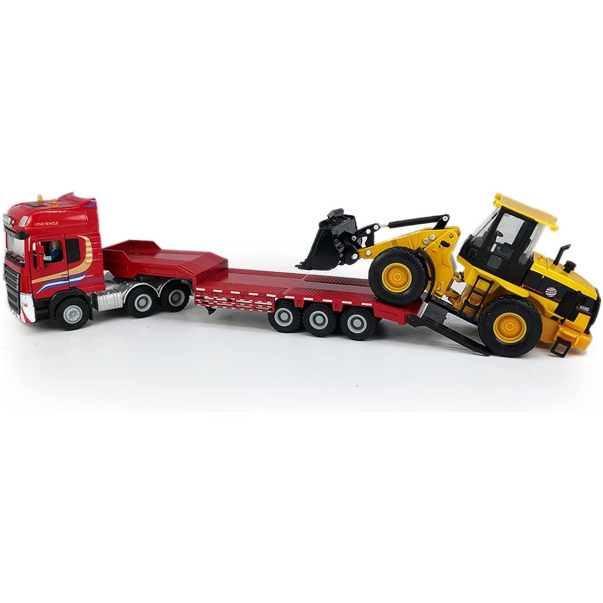 Flatbed Truck Toy with Shovel Loader Tractor Bulldozer Semi Towing Trailer Metal Die Cast Construction Vehicle 2 in 1 Vehicle Playset Friction Powered Toy Truck for Boys Kids Gift Red