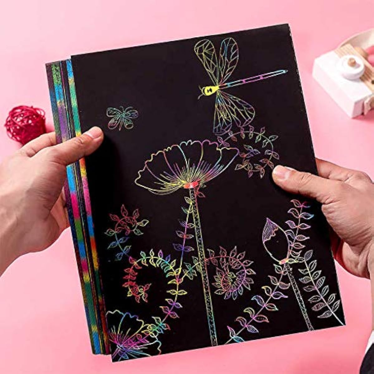 NewtonTech Scratch Rainbow Paper Kit - 50pcs Black Scratch Off Art Paper, 1 Brush, 5 Stylus Pens, 4 Stencils, 4.9" x 7.1", Perfect for Arts & Crafts DIY/Games/Birthday/Christmas and More