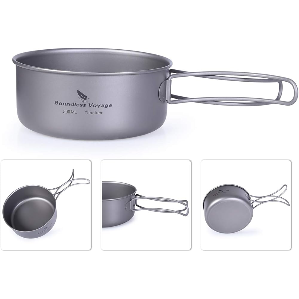 iBasingo 2 Piece Set Titanium Pot Set Ultra Light Outdoor Camping Cooker Set Tableware Cooking Utensils for Living Alone Folding Handle Storage Bag Included