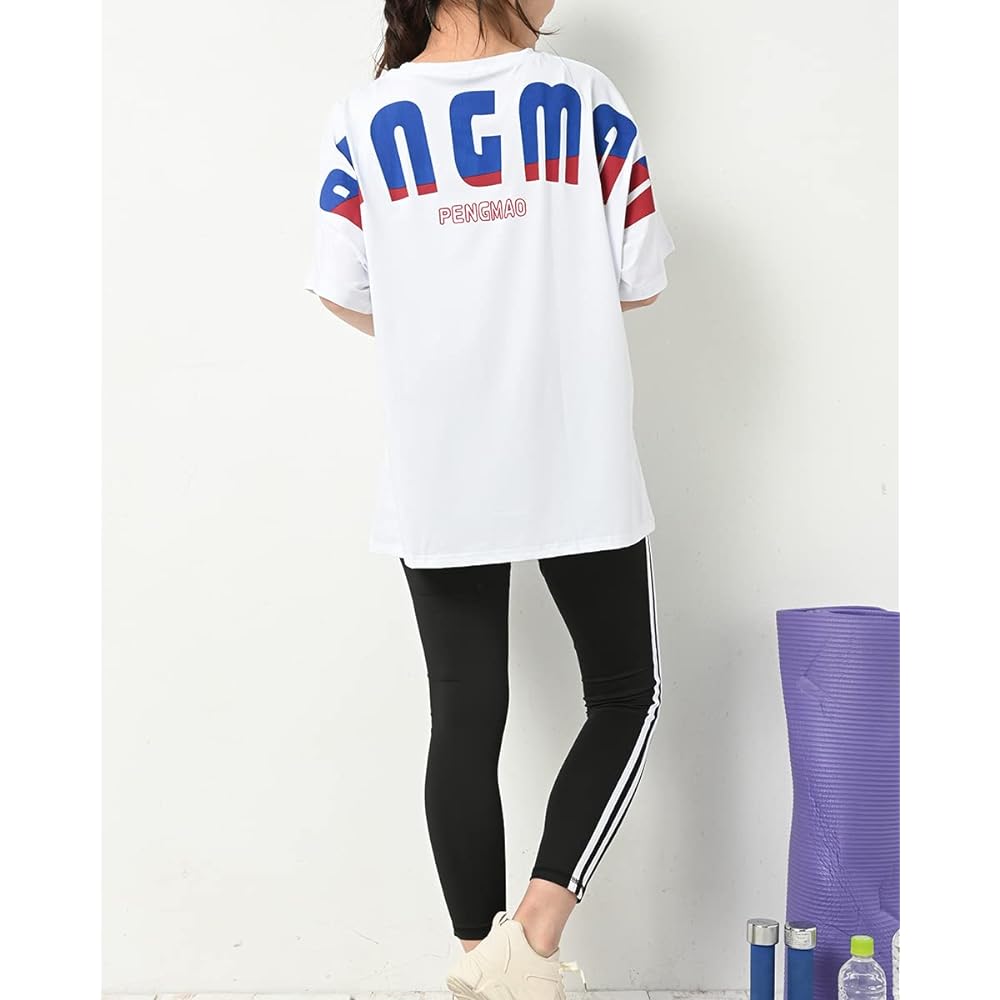 [JANJAM] Large Size Women's Top and Bottom Setup T-shirt Leggings Half Sleeve Logo Quarter Length 2 Piece Set Sportswear